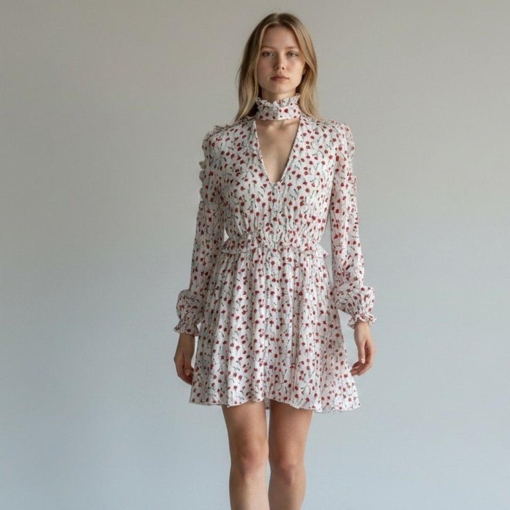 FLEUR DU MAL Long Sleeve Silk Dress Size 0 Floral Carnation Coquette Feminine